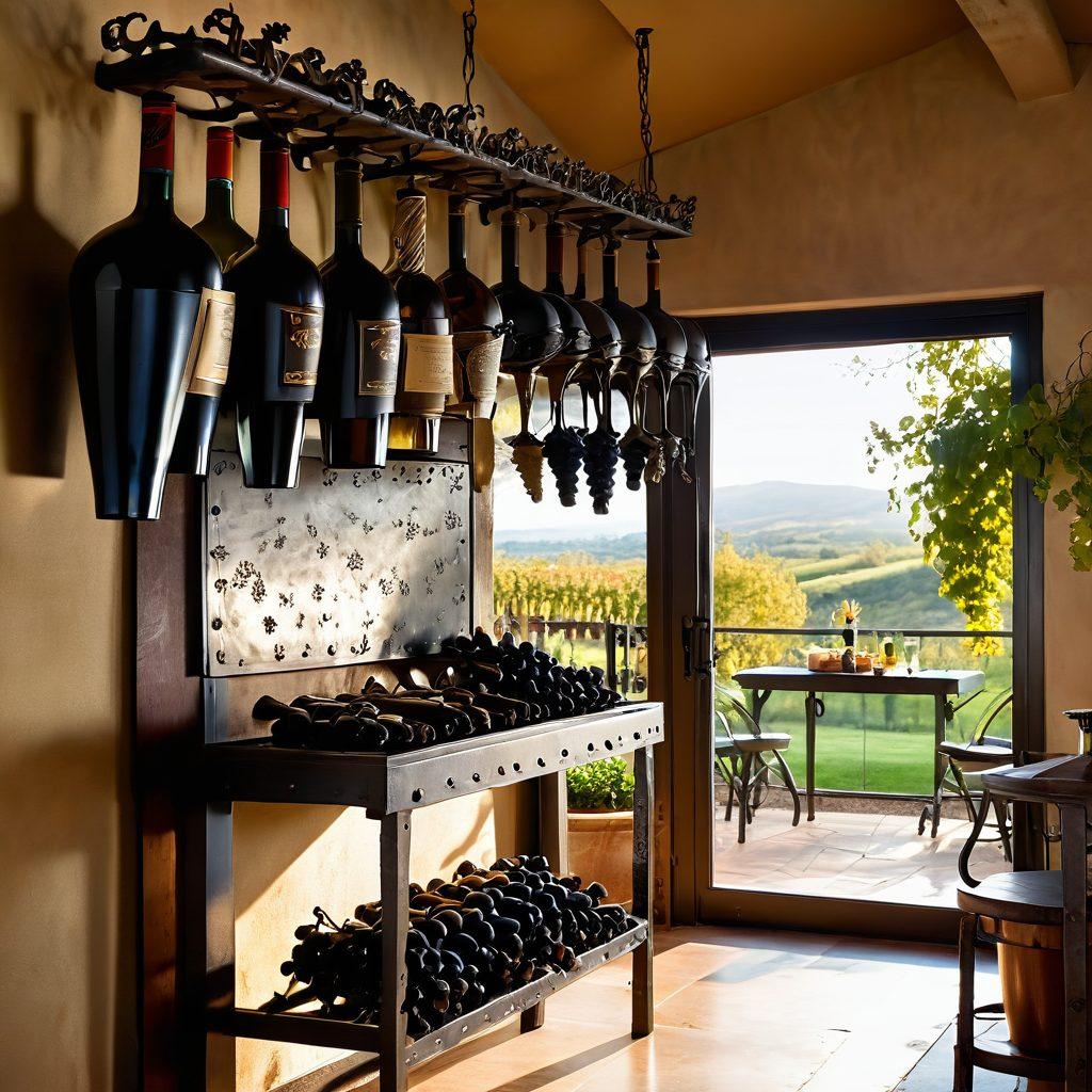 A rustic vineyard in the background, with a skilled blacksmith crafting intricate metal wine accessories on an anvil, grapes hanging from the vines. In the foreground, a beautifully designed metal wine rack holds exquisite bottles, reflecting the fusion of wine culture and metal craftsmanship. Golden sunlight bathes the scene, highlighting the textures and details. warm tones, vibrant colors, super-realistic.