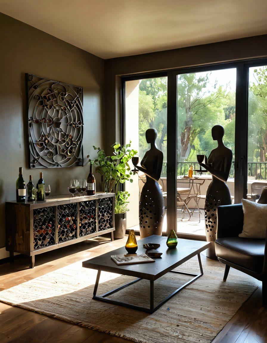 A cozy, elegant living room filled with stunning metal sculptures glinting in the sunlight, alongside a well-arranged wine tasting setup with glasses and bottles. A touch of green plants adds freshness, and a warm ambiance invites viewers to indulge in the art of relaxation. The scene blends warmth and creativity, highlighting the connection between wine tasting and metal craftsmanship. super-realistic. vibrant colors. warm lighting.