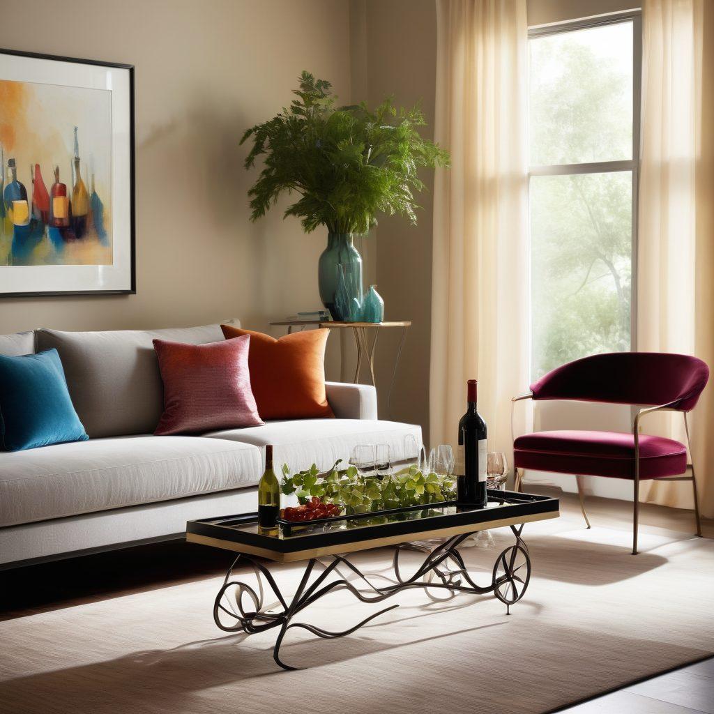 A chic living room setting showcasing elegant metal sculptures inspired by wine bottles and glasses, tastefully arranged on a modern coffee table. The backdrop features a stylish bar cart with colorful wine bottles and lush greenery, enhancing the sophistication. Soft ambient lighting casts shadows on the artwork, creating an inviting atmosphere. A hint of abstract art on the walls complements the theme. super-realistic. vibrant colors. modern decor.